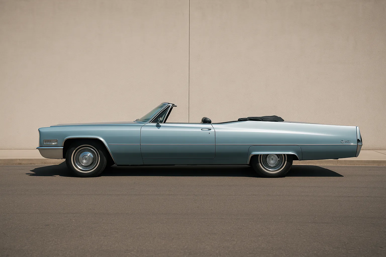 Vue latérale d’une Cadillac DeVille cabriolet 1968 en pleine lumière